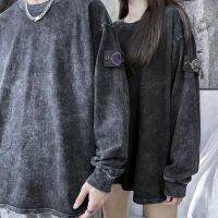 เสื้อยืดลายหิน E STONE Basic Retro แขนยาวล้างเสื้อกันหนาวทรงหลวมๆเก่าผู้ชายและผู้หญิงคนรักเกาะ