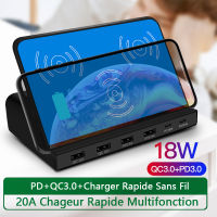 AIXXCO 120W USB Charger Dual PD QC3.0 Fast Charger 6พอร์ต USB Adapter 10W Wireless Fast Charging Station