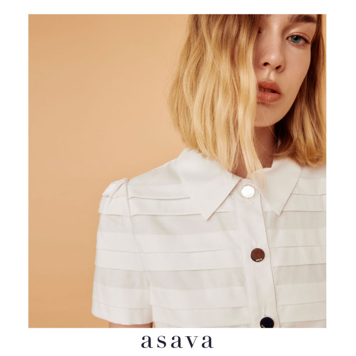 asava-aw22-asava-pleated-shirt-เสื้อผู้หญิงตัดต่อผ้าพลีต-แขนสั้น-กระดุมหน้า