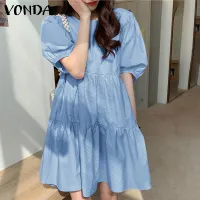 [FREE SHIPPING](Korean Style) VONDA Womens Summer Shirt Dress Elegant Pleated Sundress Puff Sleeve Casual Long Tops
