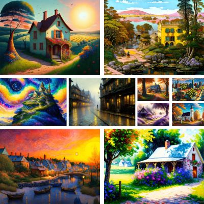 Dreamly House Landscape Printed Fabric 11CT Cross-Stitch Embroidery Patterns Craft Sewing Hobby Painting Wholesale Needle Design