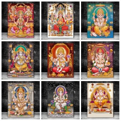 Religion India Gold Ganesha Temple Canvas Painting Elephant God Poster Print Wall Art Picture for Living Room Wall Decor Cuadros