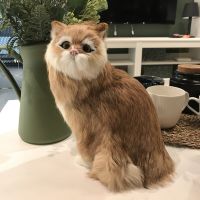 Cute Cat Figurines Craft Ornaments Real Fur Furry Kitten Plush Toy Statues Home Interior Shelf Table Decoration Kids Gift Doll