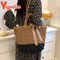 Yogodlns new arrive Handmade Straw Bags Ribbons Bowknot Beach Knitting Handbags Tote Shoulder Bag