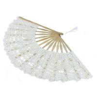 【CW】 Handmade Cotton Lace Folding Hand Fan for Party Bridal Wedding Decoration ( White)