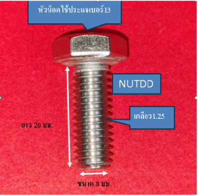 น็อต หัวเหลี่ยม ตัวผู้ เบอร์13 M8 เกลียวยาว 20  มม. #เกลียวมิล1.25  วัสดุ สแตนเลส 304 (1ถุง10ตัว)