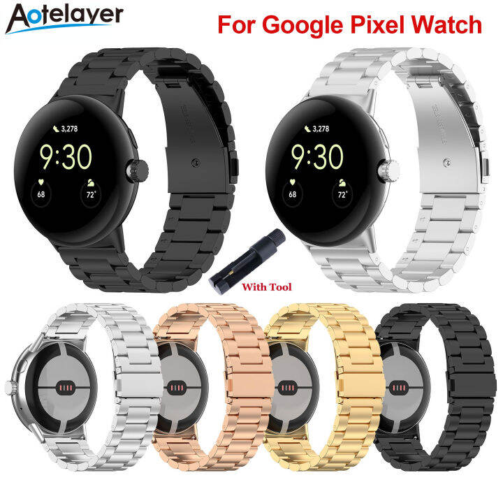 aotelayer-สายรัดข้อมือแท่งสแตนเลสสตีลใหม่ล่าสุดสำหรับ-google-pixel-watch-ไม่มีช่องว่างสายสายนาฬิกาโลหะแบบคลาสสิกอุปกรณ์เปลี่ยนกุหลาบนาฬิกาข้อมือสีดำ