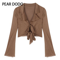 PEAR DODO เสื้อยืดแขนยาวลายตาข่ายสั้นสำหรับผู้หญิงลูกไม้แขนบานเกาหลี