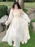 2022 Fashion Summer Bow Tie Princess Dress Summer French Fairy Mid-length Suspender Dress With Chiffon Cardigan Traf Robe