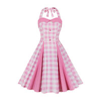 KKWomen ชุดลายสก๊อตสีชมพู Vintage Halterneck Rockabilly ค็อกเทลปาร์ตี้ Elegant Dress 1950S 40S Swing Dress ฤดูร้อน Dressq11