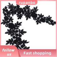 RUPANBO039392692 2 Pairs 13.39x4.72in แพทช์เย็บปักถักร้อยดอกไม้ที่3D ชุดกระโปรงยาว สีดำสีดำ ศิลปะการปะติดลูกไม้ลายดอกไม้และใบไม้ สง่างามเรียบหรู เย็บปักบนแผ่นปะ สำหรับงานแต่งงาน brial