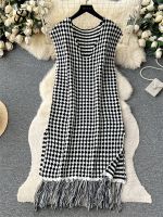 SINGREINY Tassel Plaid Knitted Dress Deep V Neck Tank High Elastic Women Korean Style Basics Autumn Outerwear Loose Split Dress