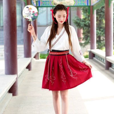 【cw】 Ethnic Style Womens Suit Daily Hanfu Republic of China Student Improvement Han Elements Waist-High Ruqun Chinese Style Student Clothes ！