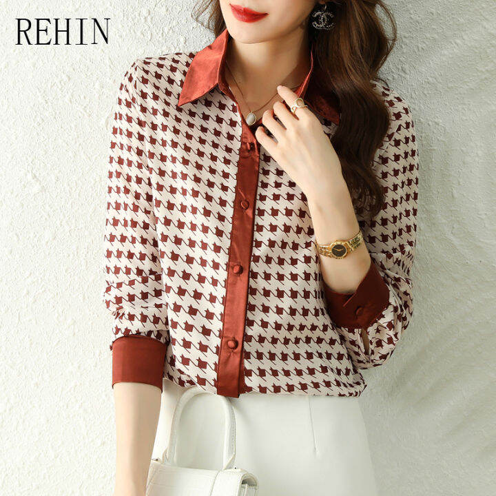 rehin-ของผู้หญิงด้านบนแสงใหม่หรูหราหรูหราหรูหราปกปกชนสีเสื้อแขนยาว-houndstooth-ตรวจสอบพิมพ์เสื้อชีฟองผ้าไหม