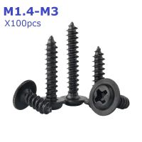 【LZ】 100PCS M1.4 M1.7 M2 M2.3 M3 Aço Carbono Q235 Gola Redonda Cruz Cabeça Pan com Máquina de Lavar Pad Self-tapping Parafuso de Madeira DIN571 preto