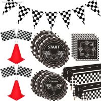 ♠◐♈ Race Car Party Supplies Checkered Flags Disposable Tableware Paper Plate Cups Napkin Tablecloth Race Car Birthday Party Decors