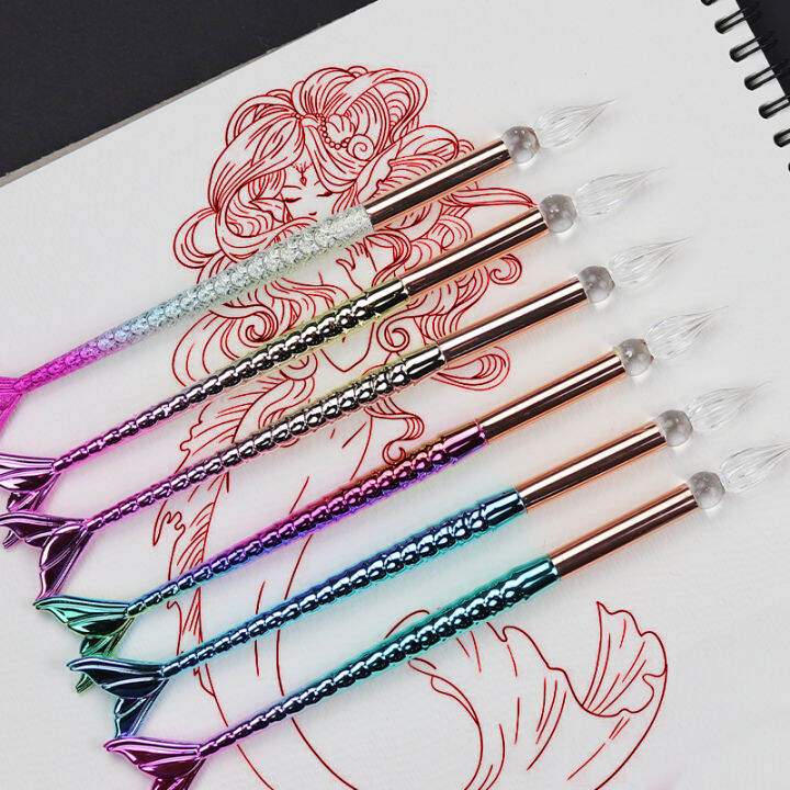 creative-handmade-multifunction-glass-dip-pens-mermaid-flower-pattern-transparent-crystal-glass-signature-ink-fountain-pen-gift