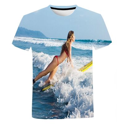 เสื้อยืดแขนสั้นผู้ชาย Sea Surfing พิมพ์เสื้อยืด Surf โปสเตอร์พิมพ์เสื้อยืด Surfriding 3D พิมพ์เสื้อยืด