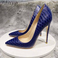 Tikicup Navy Blue Crocodile Effect รูปแบบผู้หญิง Sext Pointy Toe รองเท้าส้นสูง Chic สุภาพสตรี Slip On Stiletto ปั๊มขนาด33-45 ~