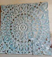 Blue wash mandala wood carving panel 90 x 90 cm wall art hanging asian art thai wood wall art decor Lotus wooden carve handmade crafts (ไม้แกะสลัก ไม้ฉลุ 3 ft 