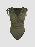 Cider Jersey V-neck Knotted Ruched Bodysuit