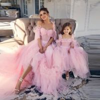 【hot】 Pink Low Ruffled Tulle Dresses Mother And Daughter Pleated Puffy Birthday To Photo Shoot