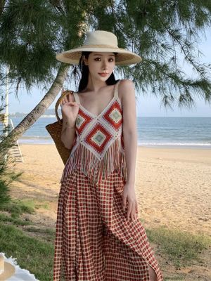 กางเกง Yunnan travel wear womens casual wide-leg pants two-piece seaside vacation pants suit summer slit mopping pants