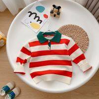 [Childrens clothing] เสื้อกันหนาวสำหรับเด็ก,เสื้อโปโลแขนยาวแบบสวมหัวเสื้อแถบสีแดงเสื้อผ้าเด็กทารกคริสต์มาสฤดูใบไม้ร่วงฤดูหนาว