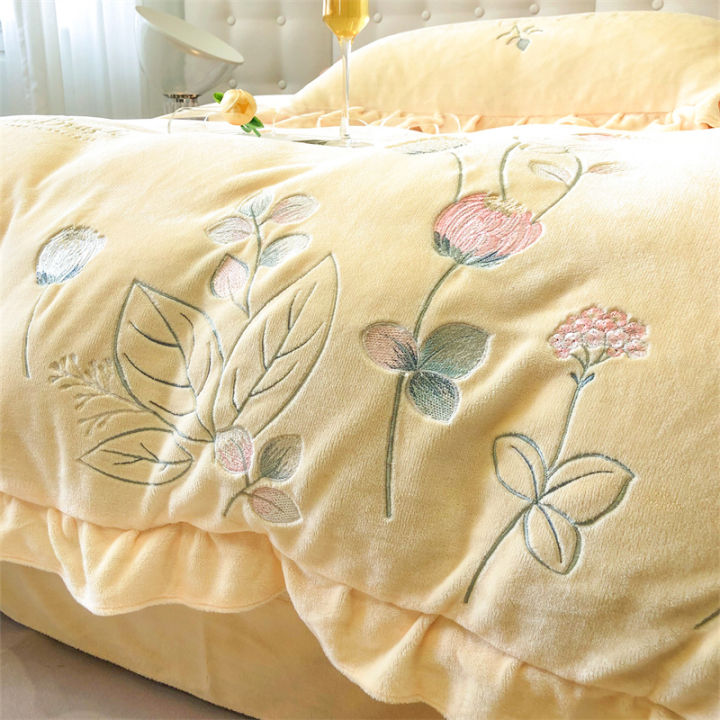 ร้อน-super-soft-กำมะหยี่ขนแกะดอกไม้เย็บปักถักร้อยชุดเครื่องนอนสั้น-plush-ผ้านวมชุดผ้าปูที่นอนชุดผ้าปูที่นอน-ปลอกหมอนสำหรับปลอกหมอน