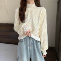 Half High Collar Plush Thickened Lace Bottomed Blouse Womens Winter Foreign Style with  New Frosted Shirt Top