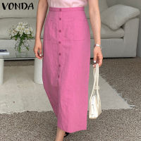 (จัดส่งฟรี)Fancystyle VONDA เสื้อลำลองมีกระดุมกระโปรงแม็กซี่พื้นเรียบหรูของผู้หญิงกระโปรงหลวมเดินทางอเนกประสงค์