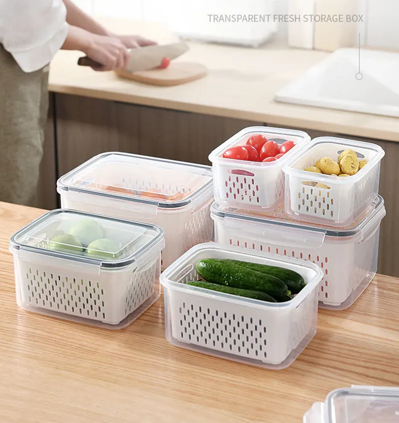 1pc Refrigerator Storage Box Fridge Organizer Fresh Vegetable Fruit Boxes  Drain Basket Storage Containers Pantry Kitchen Organizer