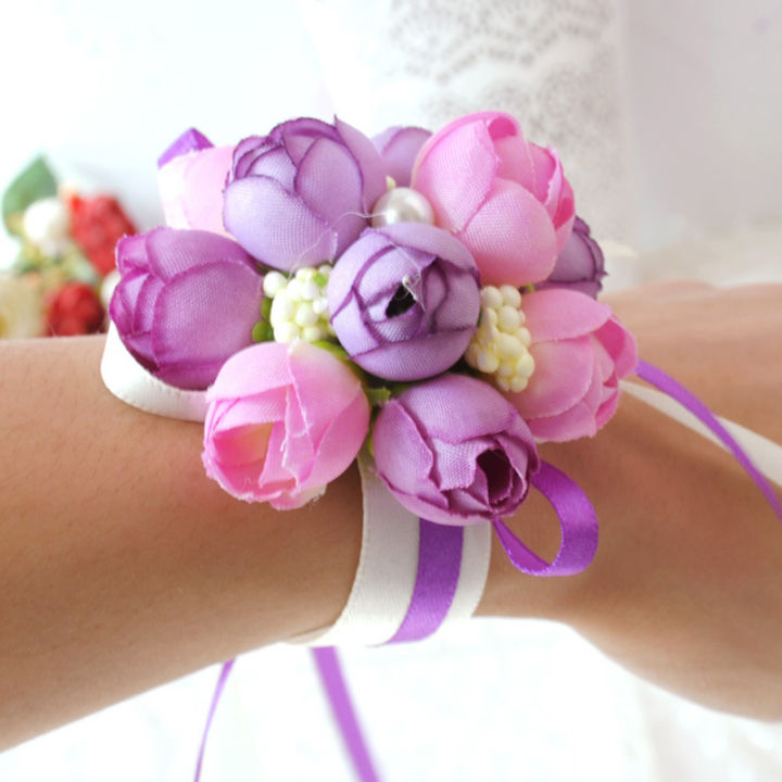 กุหลาบข้อมือช่อดอกไม้พันมือดอกไม้เจ้าสาวเพื่อนเจ้าสาวสีขาวอุปกรณ์จัดงานแต่งงาน