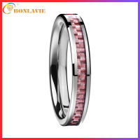 BONLAVIE 4mm Women Tungsten Carbide Wedding Band Pink Carbon Fiber Inlay Beveled Edge Rings Size 7-12