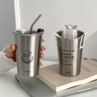 500ml 304 Stainless Steel Coffee Cup Cold Water Beer Mug with Straw Lid Simple Water Drinking Cups Women Outdoor Tea Milk Mugs