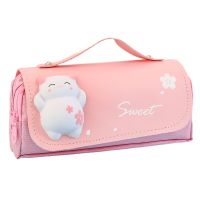 Cute Cat Decompression Pencil Case Big Pencil Box Portable Girls Pen Bag Double Layer School Pouch Kawaii Stationery Pensil Case