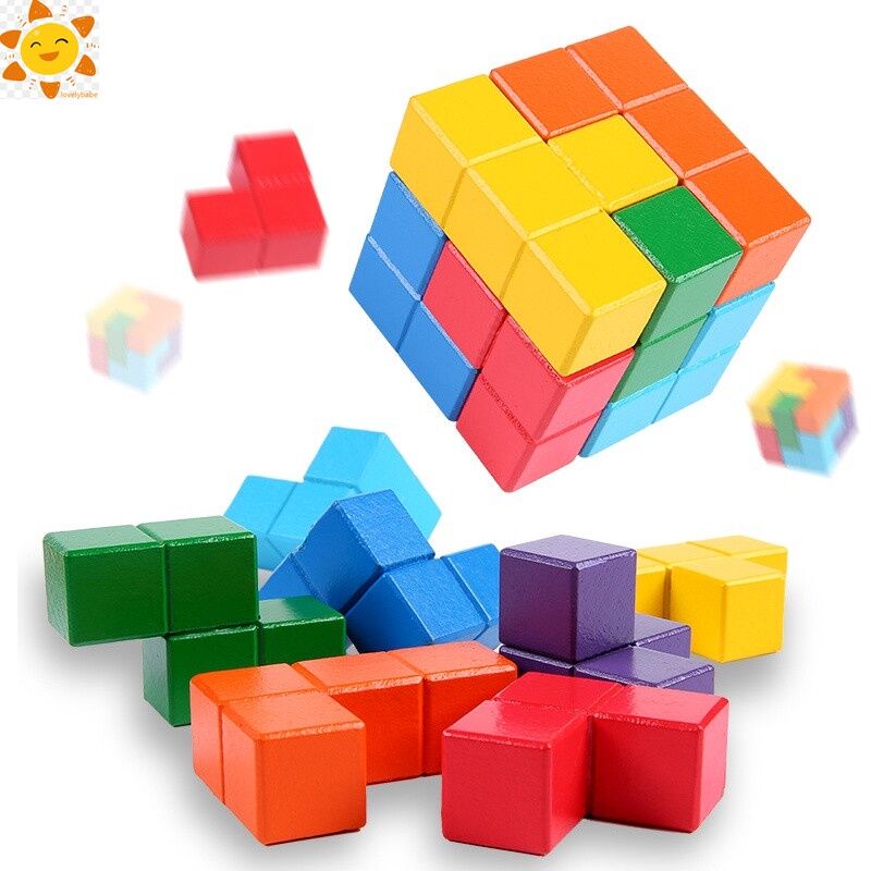 Soma Cube Wood Puzzle Box 7 Colorful Bricks Cube Stacking Blocks Games with Bag 