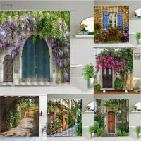 【LZ】 Street Building Scenery Shower Curtain Flower Plant Retro Old Door Summer Rural Landscape Bathroom Curtain Background Wall Decor