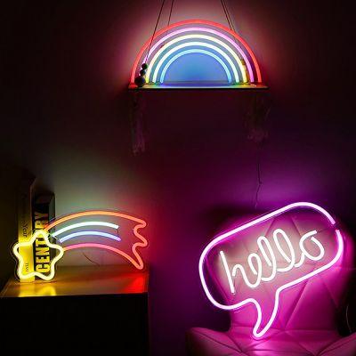 ไฟ LED Neon Sign Hello Good Vibes USB Rainbow แขวนผนัง Led Backboard Signboard สำหรับห้องบาร์ห้องนอน Party Wall Decor