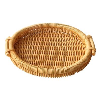 Hand-woven RoundRectangular Fruit Tray Rattan Bread Storage Basket Serving Handcrafted Platter with 2 Handle Retro Classic