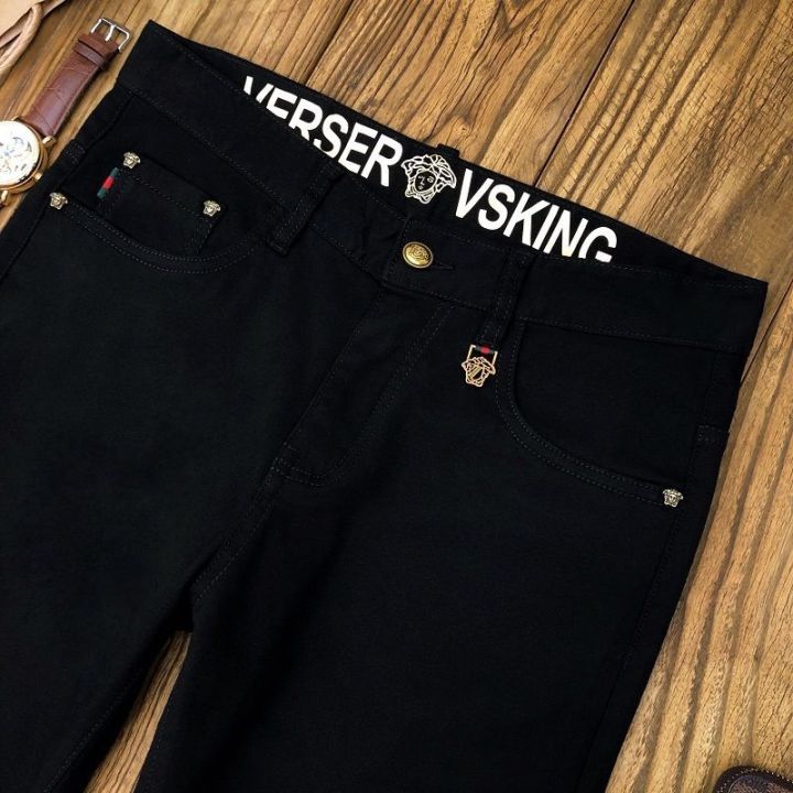 versaceisha-กางเกงยีนส์สีดำฤดูร้อนของผู้ชาย-กางเกงขายาวบางเฉียบนุ่มแนะสวมสบายอินเทรนด์หรูหรายีห้อน้ำหนักเบาสลิมฟิต