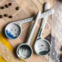 1pc Ceramic Spoon Japanese Creative Lovers Spoon Hand Painted Ice Cream Spoons Dessert Tableware Tiny Spoon  Long Handle Spoon Serving Utensils