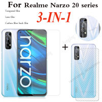 สำหรับ Realme Narzo 20 Pro กระจกเทมเปอร์ปกป้องหน้าจอพร้อมกระจกนิรภัยเทมเปอร์โปร่งแสงกระจกเทมเปอร์ Realme Narzo 20 Narzo20 20pro 20a ฟิล์มเลนส์และคาร์บอนไฟเบอร์ฟิล์มด้านหลัง (3 In 1)