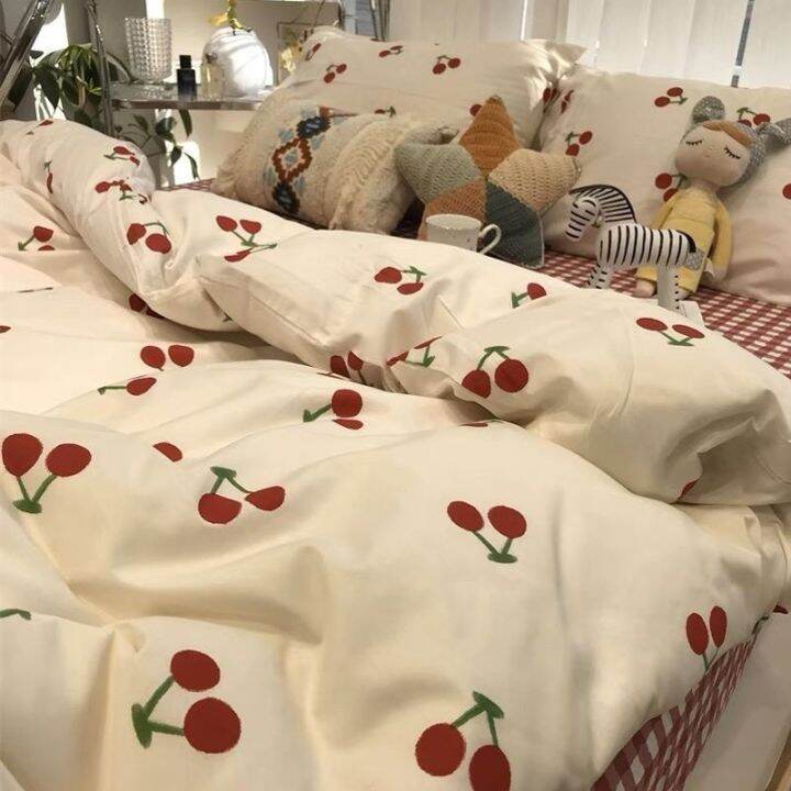 Korean style four piece red cherry duvet cover women's autumn and
