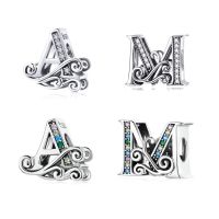 BISAER 925 Sterling Silver Letter A Letter M Alphabet Silver Beads Charms Fit For Charm celets Silver 925 Jewelry Making