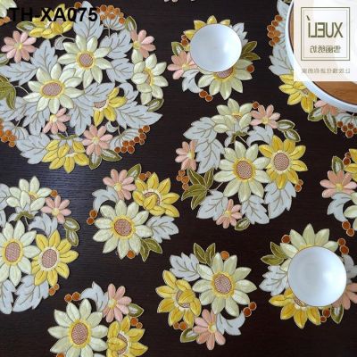 food cup mat plate MATS rural art European Chinese embroidery golden sunflowers round cloth