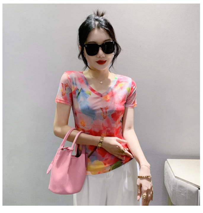 เสื้อยืดแขนสั้นพิมพ์ลายตาข่ายฤดูร้อนแฟชั่นของผู้หญิง-rehin-คอวีกระชับสัดส่วนใหม่เกาหลีทันสมัย
