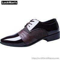 LuckMan 2019 Spring Autumn Business Shoes Plus Size EUR 47 Oxford Patent Leather Mens Shoes Lace-up Flats Shoes Black LMS002