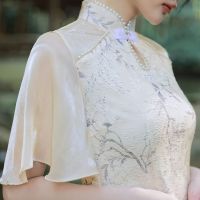 【CW】 Summer Chiffon Cheongsam Champagne Floral Trumpet Sleeve Dress Traditional Women Sexy Qipao S To XXL