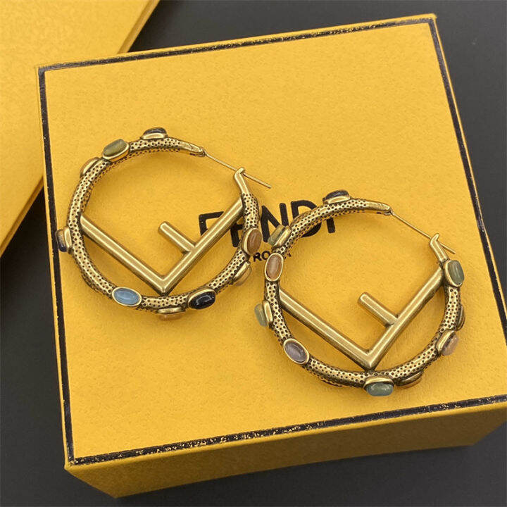 Original Fendis Women Exquisite Earrings Luxury Gold Color Geometric